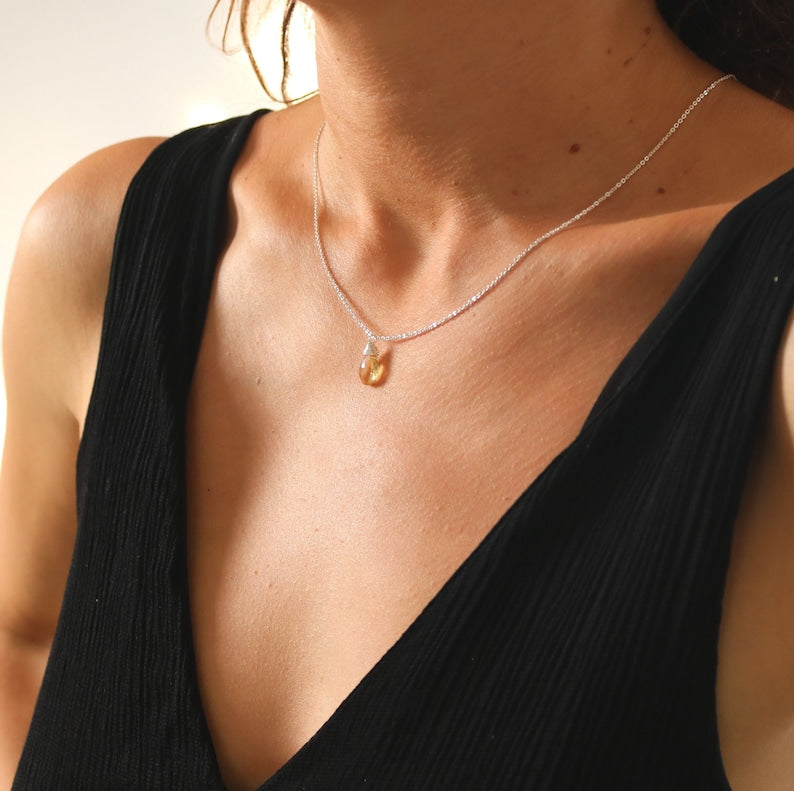 Dainty silver necklace with citrine pendant, necklace with birthstone for November citrine