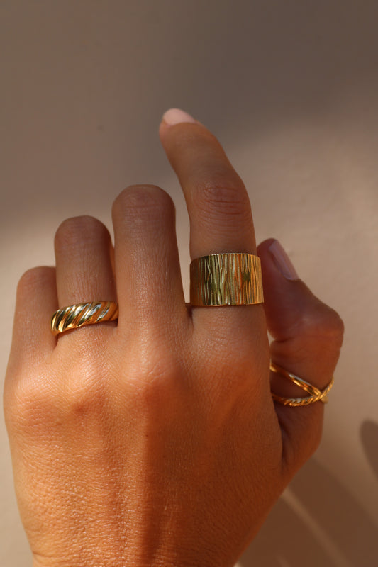 Bague large et épaisse à côtes en acier inoxydable 18 carats